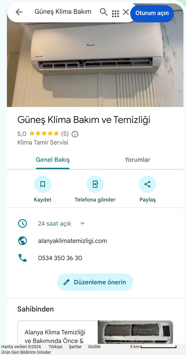 Güneş Klima Bakım ve Temizliği işletmesinin gerçek Google Haritalar profili