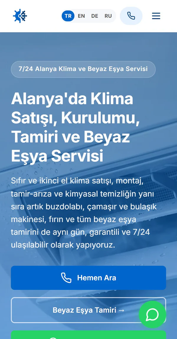 Alanya Klima Temizliği sitesinin gerçek mobil ekran görüntüsü