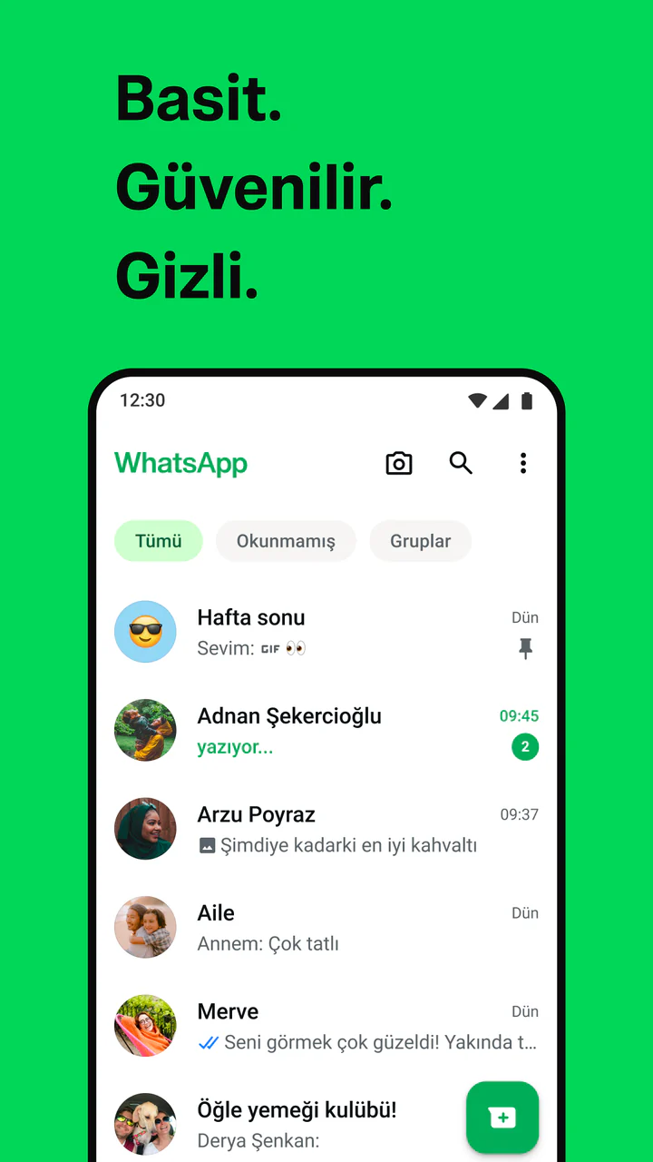WhatsApp’ın güncel resmî Google Play görselindeki Türkçe sohbetler ekranı